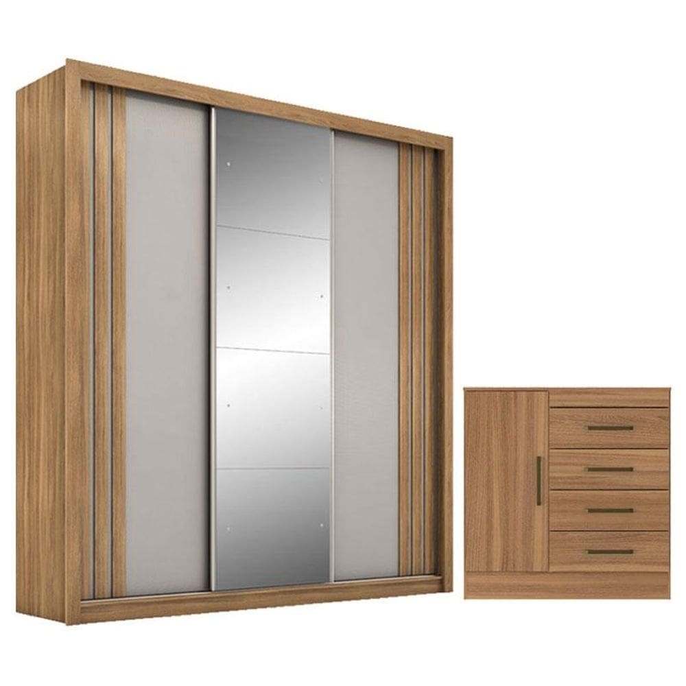 Cômoda Montevideu e Guarda Roupa Casal Moema Amêndola Nude Flex com Espelho - Demóbile