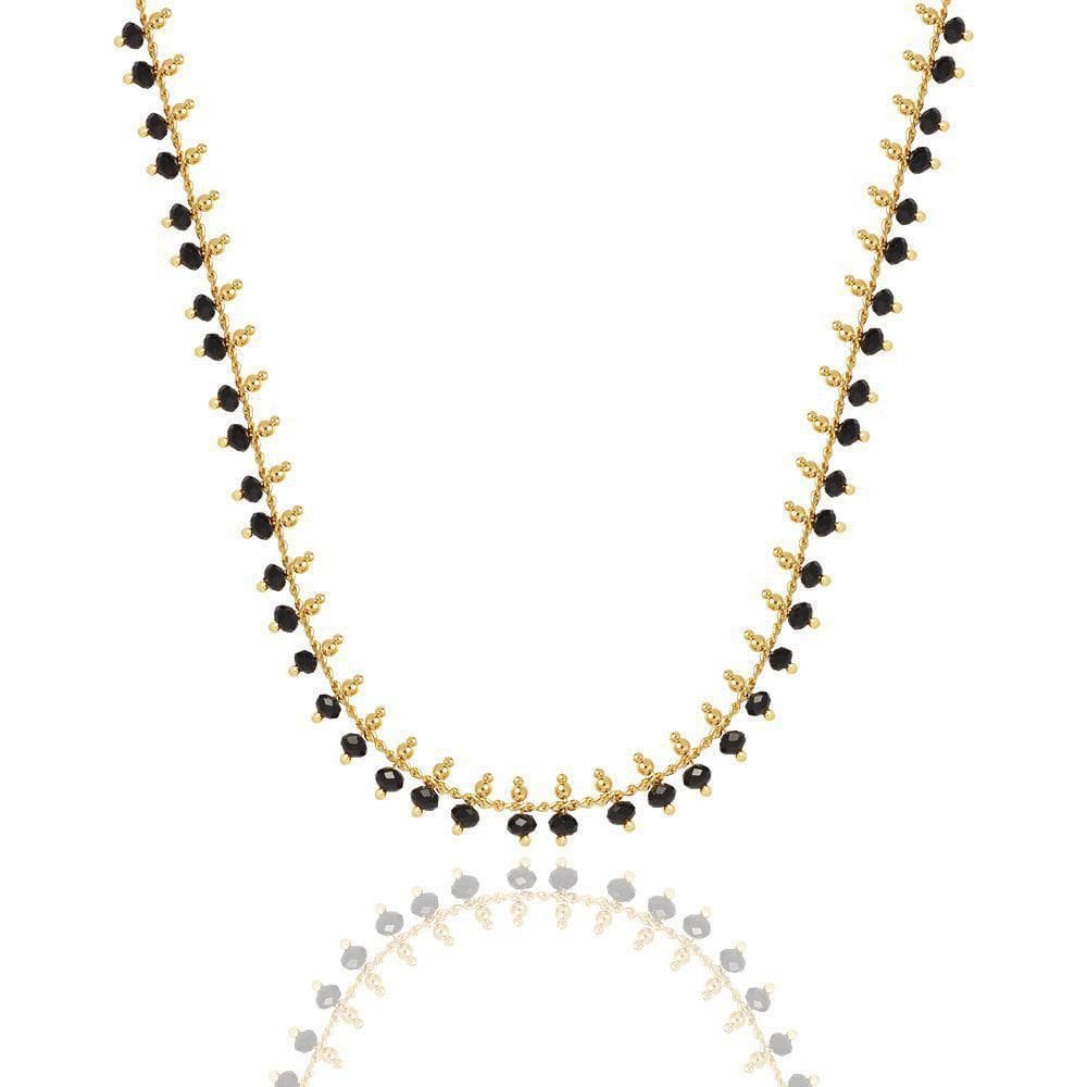 Choker Com Miçangas Cristais Preto E Bolinhas Folheado A Ouro 18K