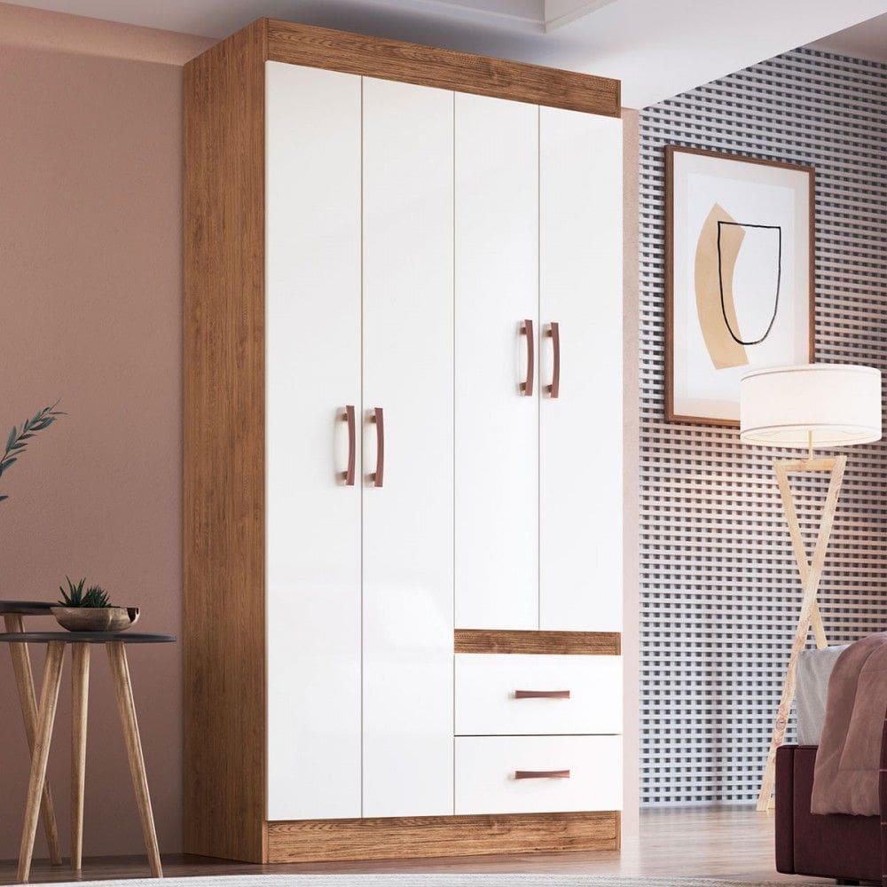 Guarda-Roupa Solteiro Cordova 4 Portas 2 Gavetas Off White Nogueira - Doripel