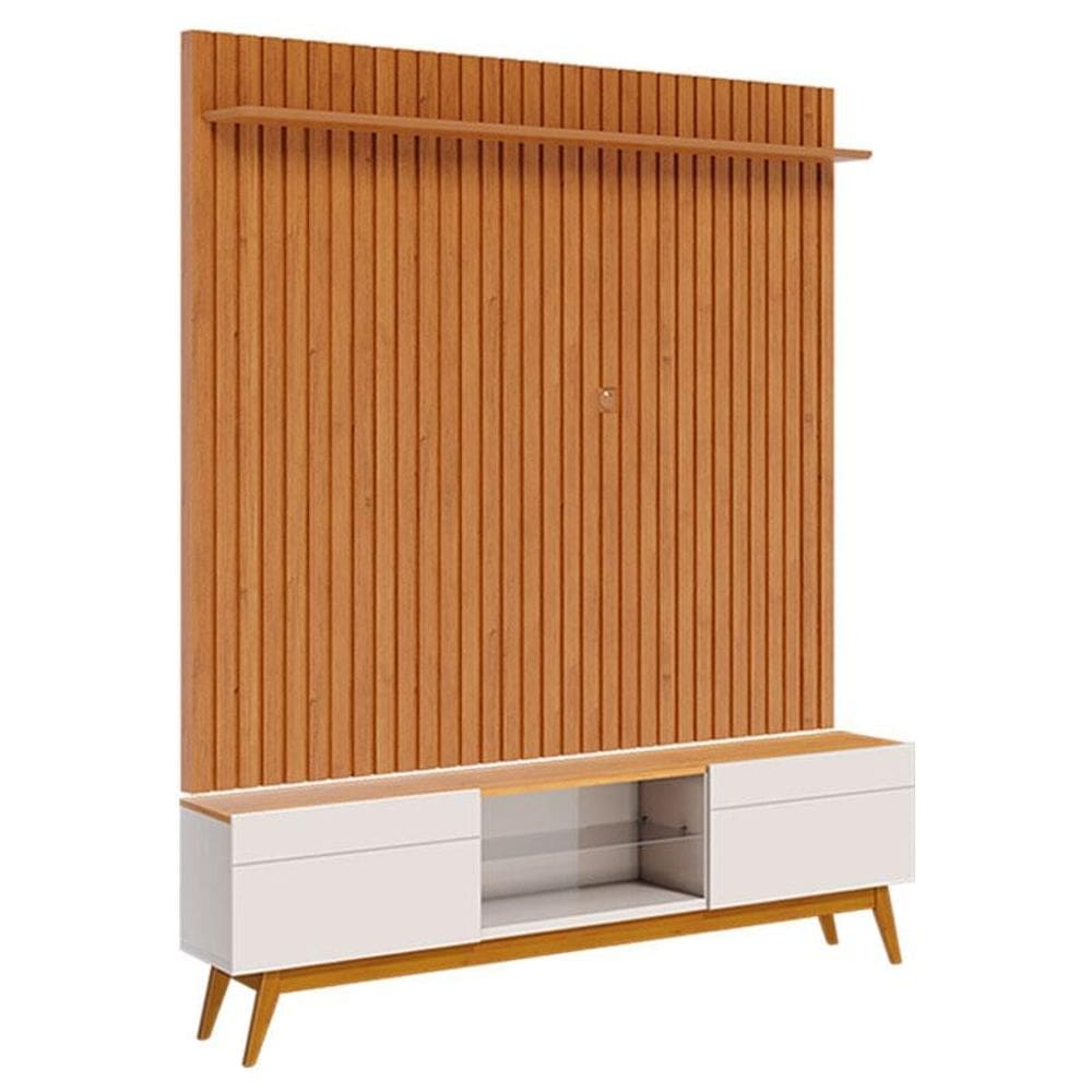 Rack Bancada Classic 2 Gavetas com Painel para TV Suspenso Ripado Loft 1.8 Off White Nature - Imcal