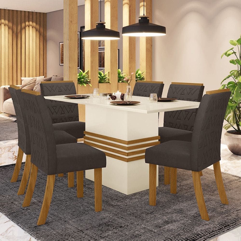 Conjunto Sala de Jantar Mesa 160 Cm Tampo MDF 6 Cadeiras Melinda Casa 812