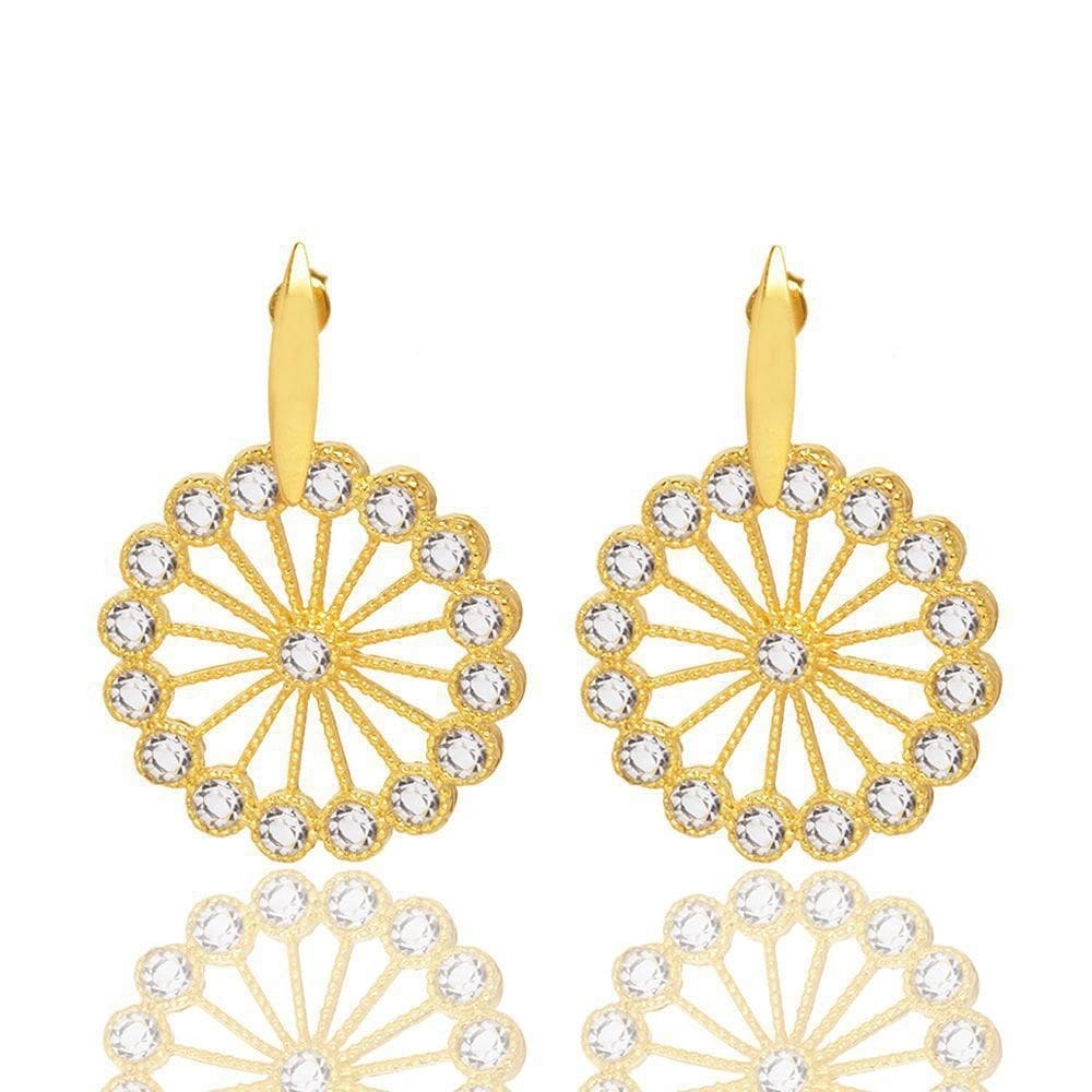 Brinco Redondo Com Pedras Cristal Folheado A Ouro 18K