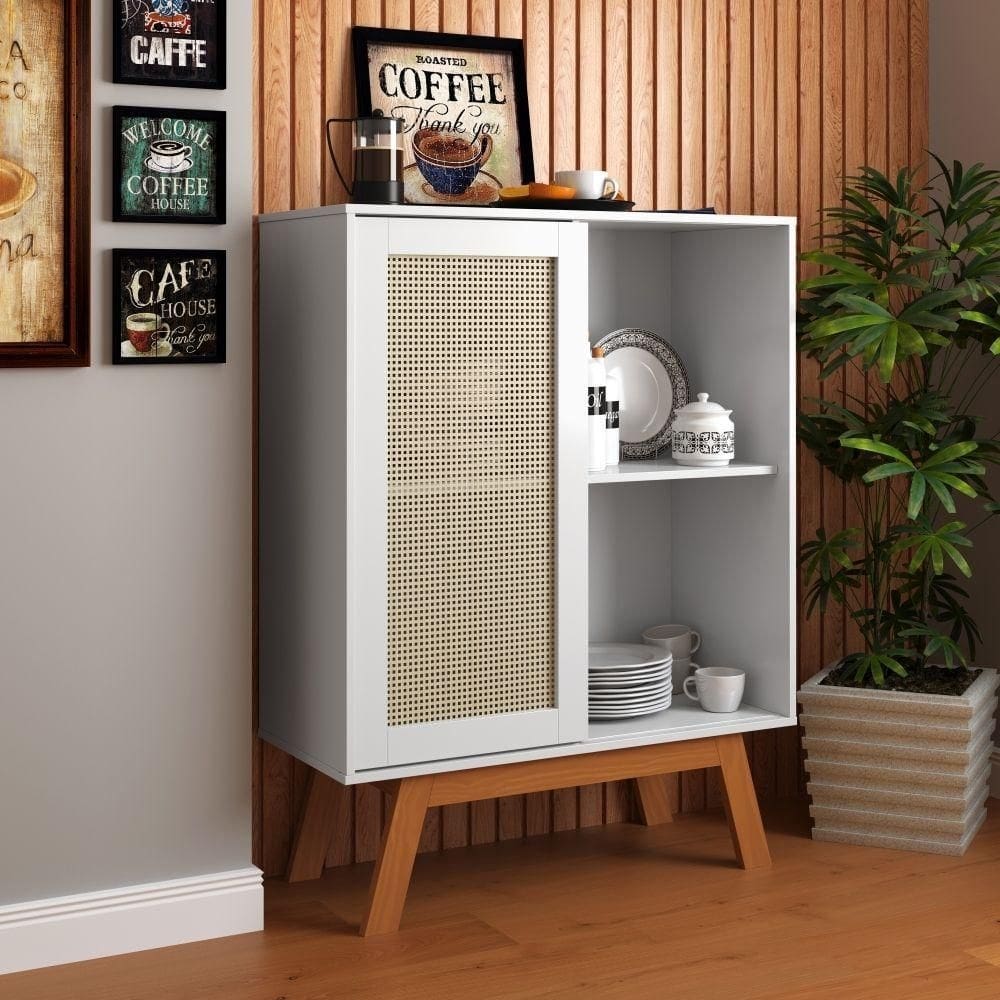 Buffet Barcelona Com Porta Em Rattan Sintético Branco