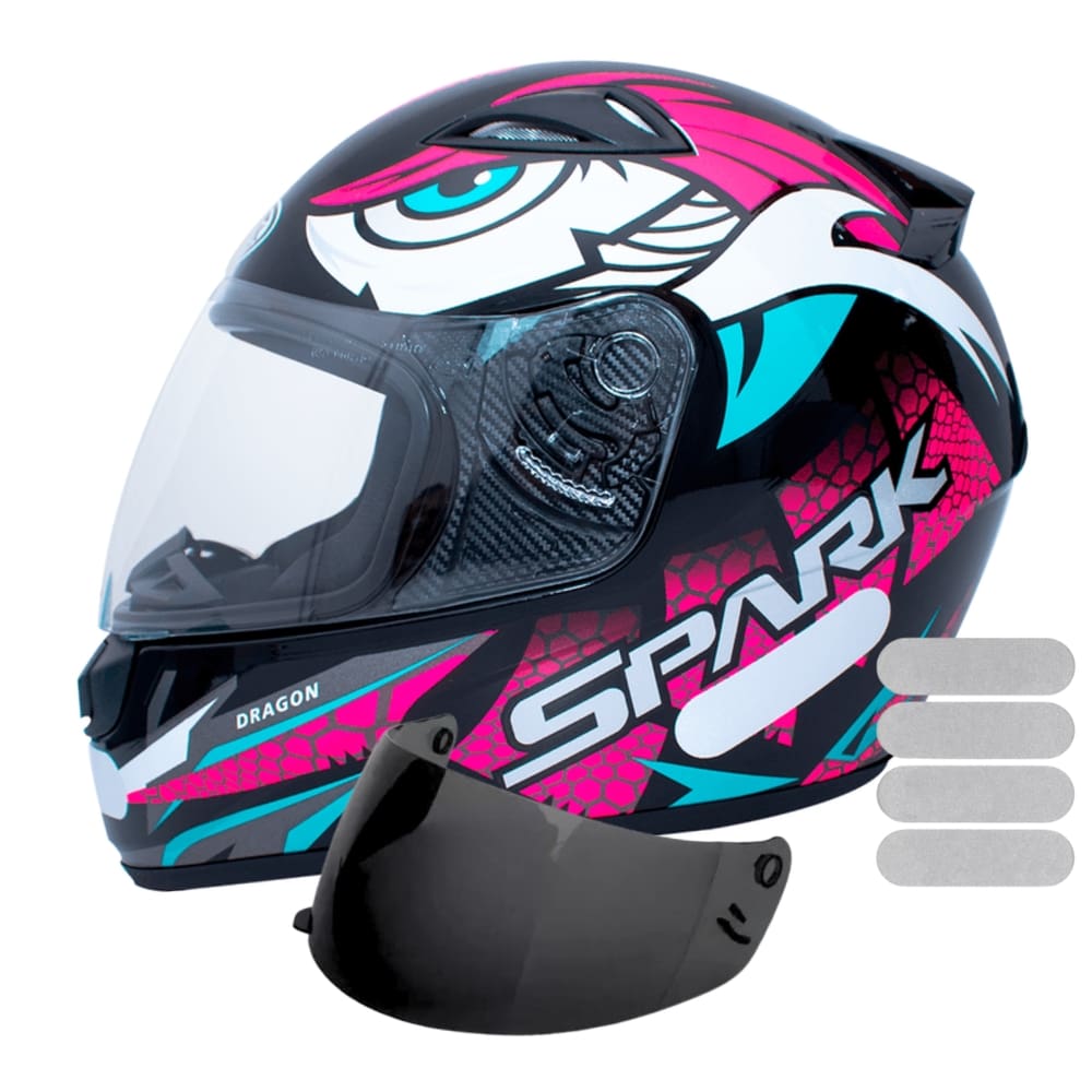 Capacete Ebf Spark Dragon Preto Rosa Mais Viseira Fumê e Adesivo Branco
