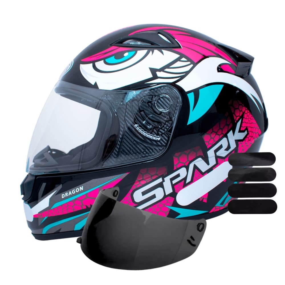 Capacete Ebf Spark Dragon Preto Rosa Mais Viseira Fumê e Adesivo Preto