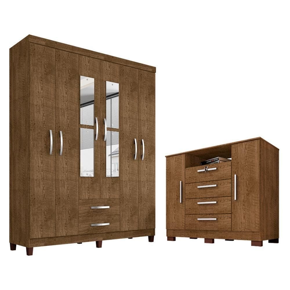 Kit Guarda Roupa Casal 6 Portas 2 Gavetas Com Espelho E Cômoda Rack 2 Portas 4 Gavetas Malbec