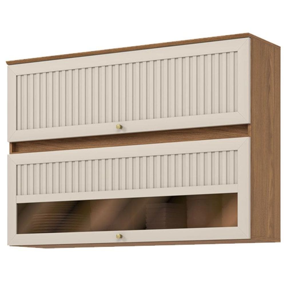 Armário Aéreo 2 Portas Basculantes Ripado com Vidro  120 cm Requinte Nature Areia Hp - Henn