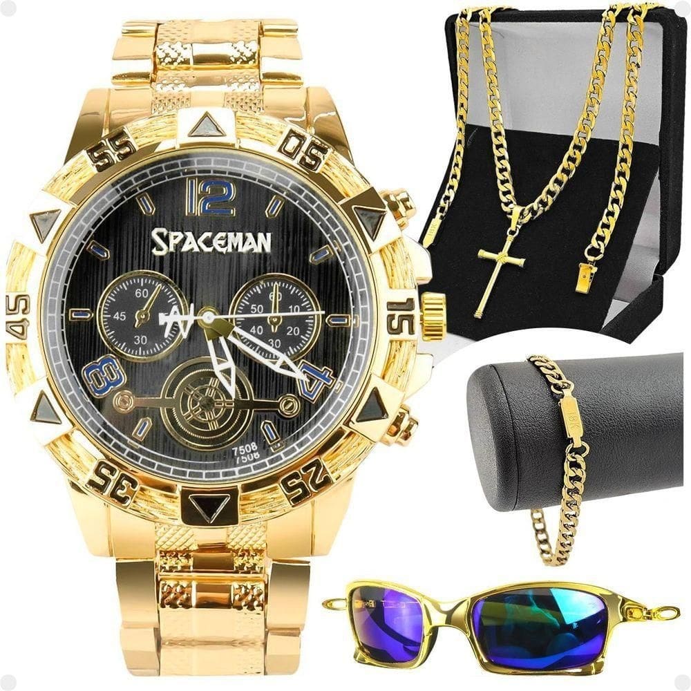 Pulseira + Relogio Masculino Banhado Social Aço Inoxidável Qualidade Proteção Uv Ouro Casual
