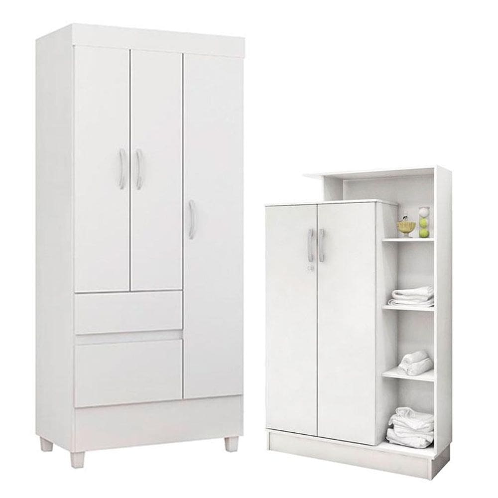 Guarda Roupa Infantil Wind e Armário Multiuso Elite Branco Brilho - Demóbile