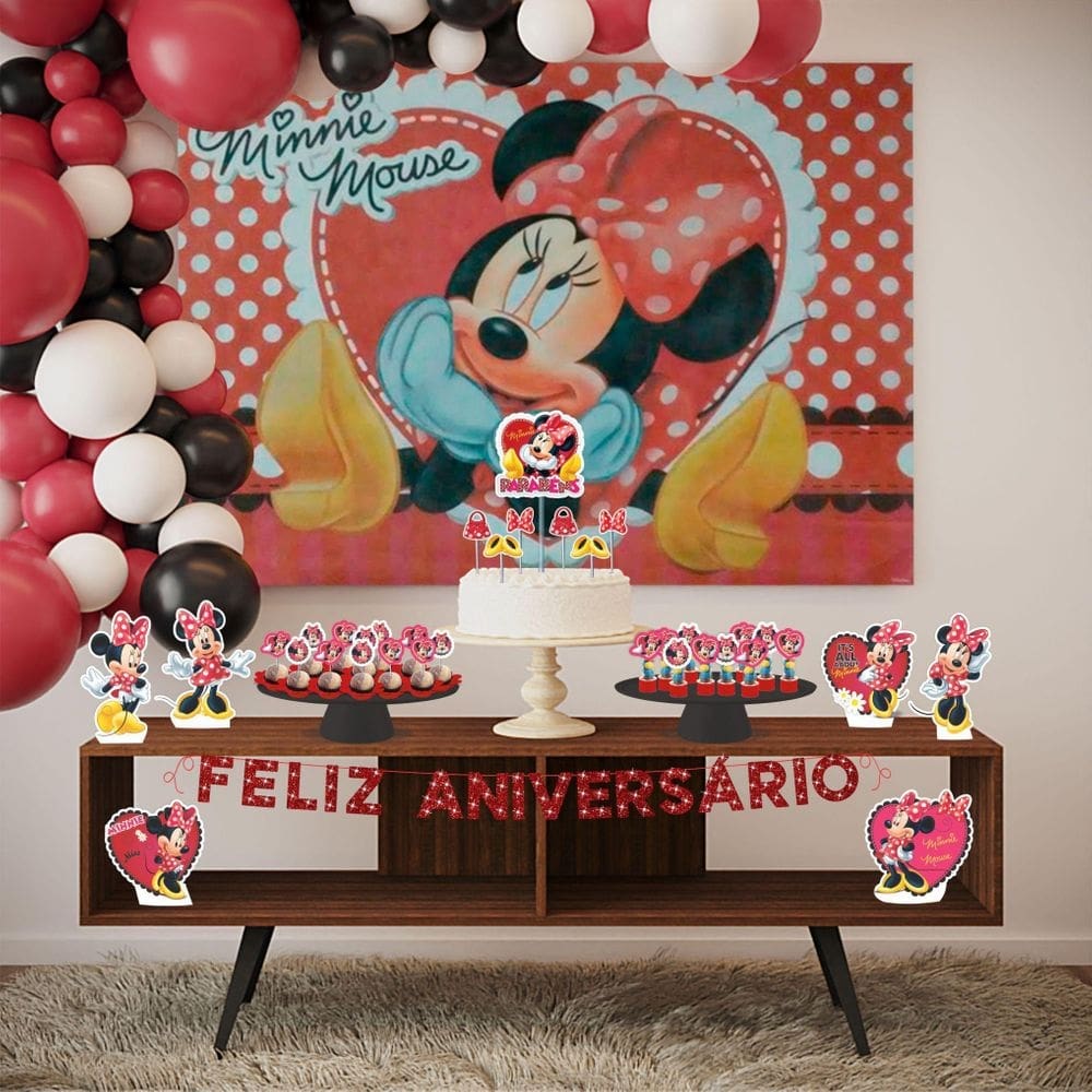 Kit festa minnie 39 itens painel + faixa + enfeites + topo