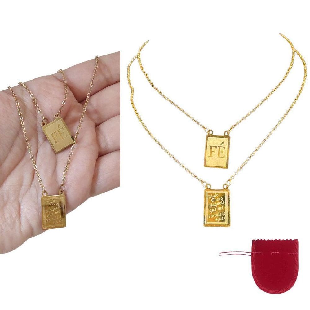 Escapulário aço dourado banhado ouro 18k fé tudo posso