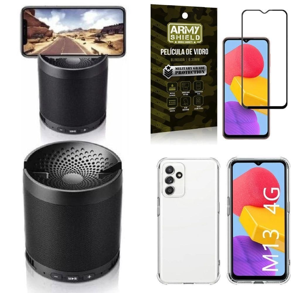 Capinha galaxy m13 + som bluetooth potente q3 + película 3d