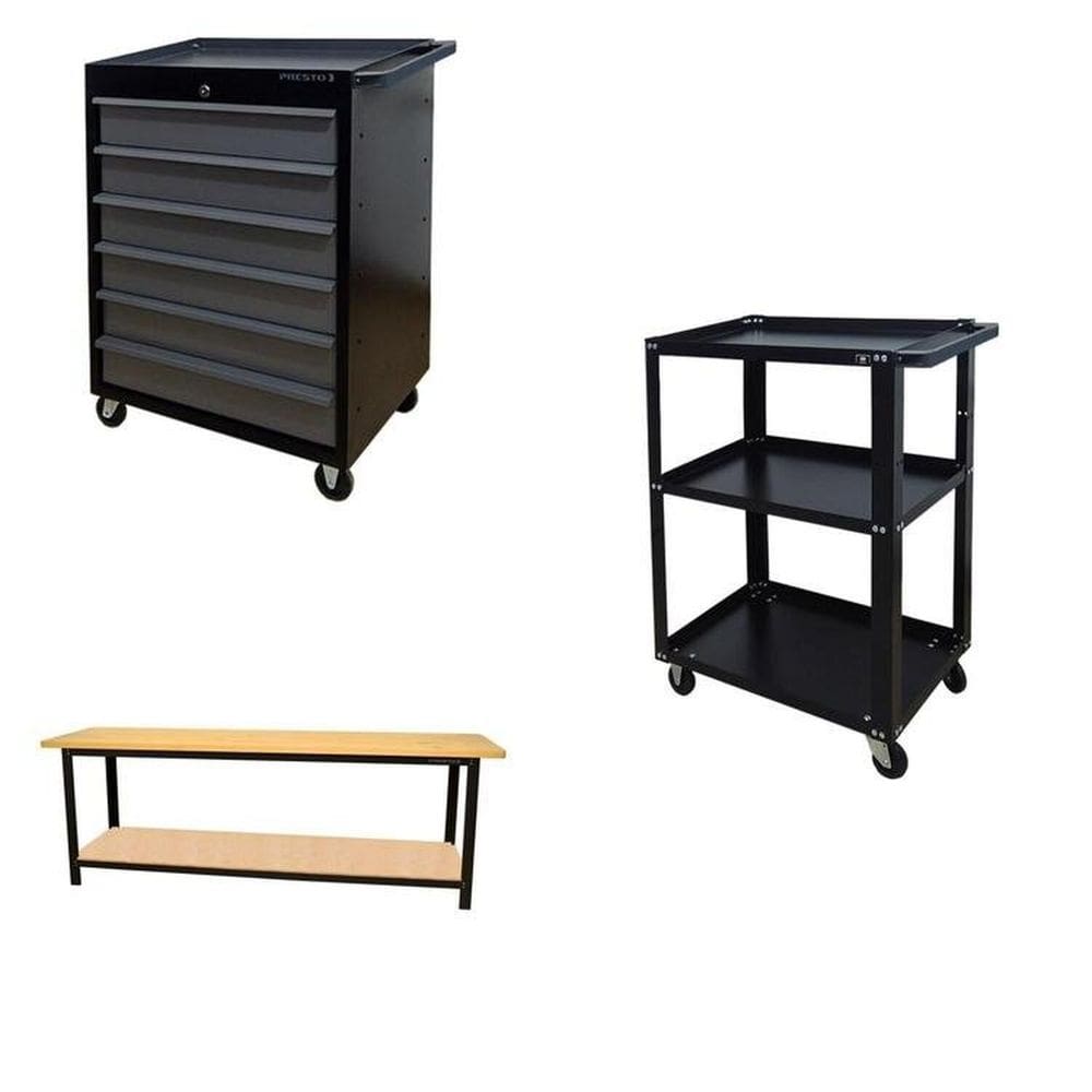 Conjunto 2 Carros Profissional 6 Gavetas 1 Bancada Profissional de 200cm para Ferramentas Presto Preto