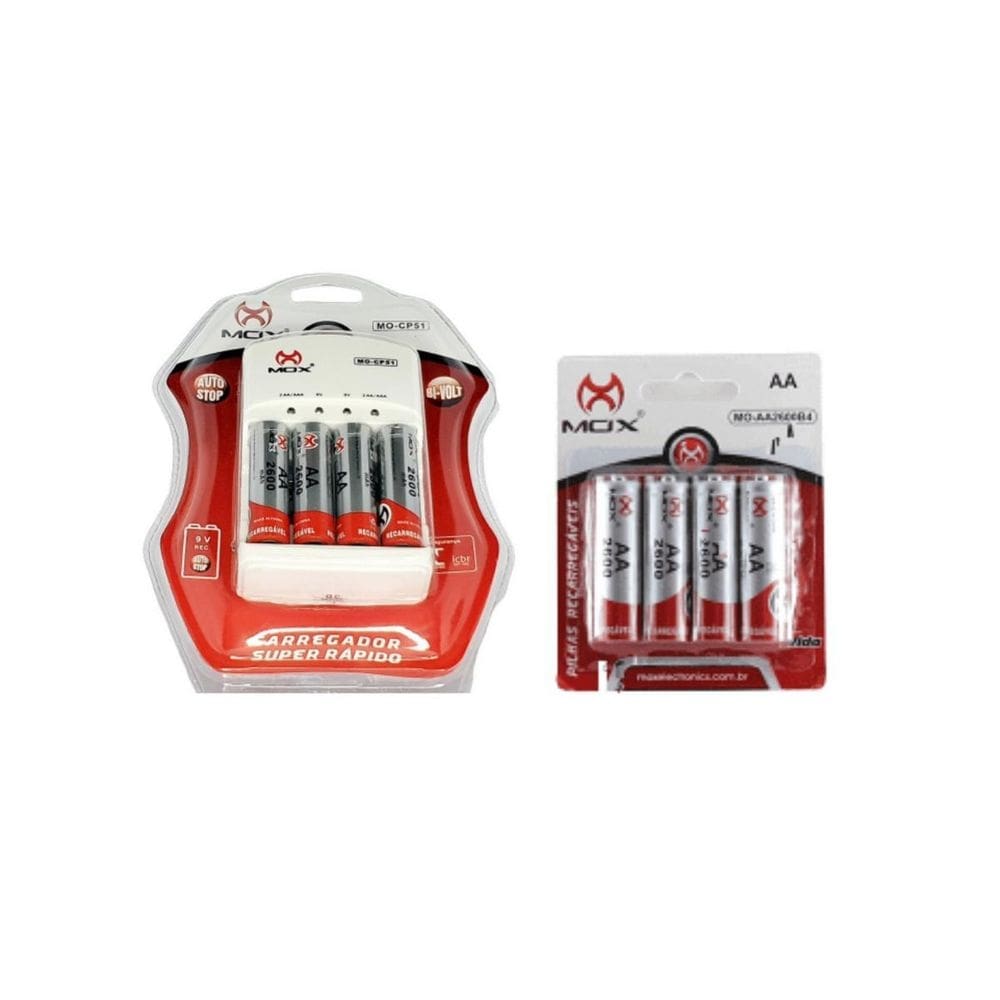 8 pilhas recarregáveis mox aa + carregador rápido