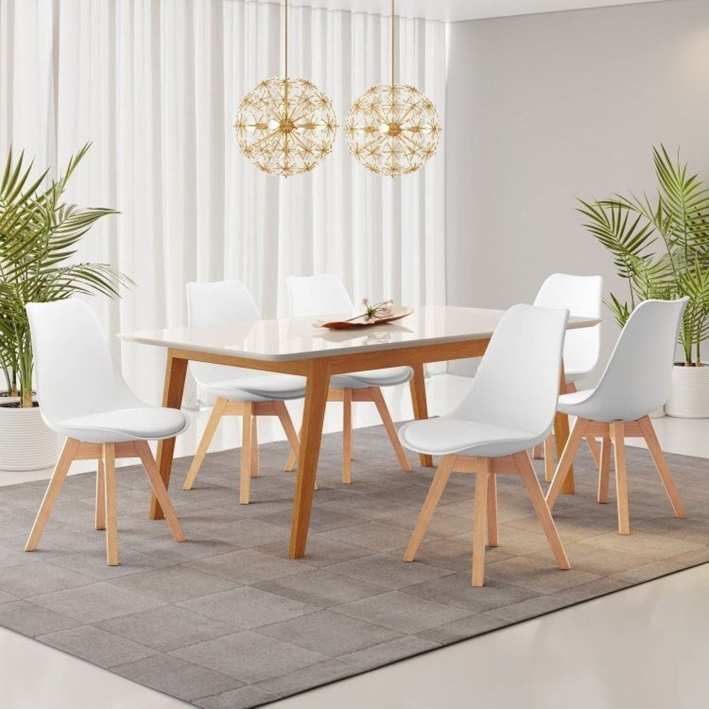 Conjunto Mesa Retangular Vidro/MDF com 6 Cadeiras Saarinen PP Branco/Cinamomo/Off White