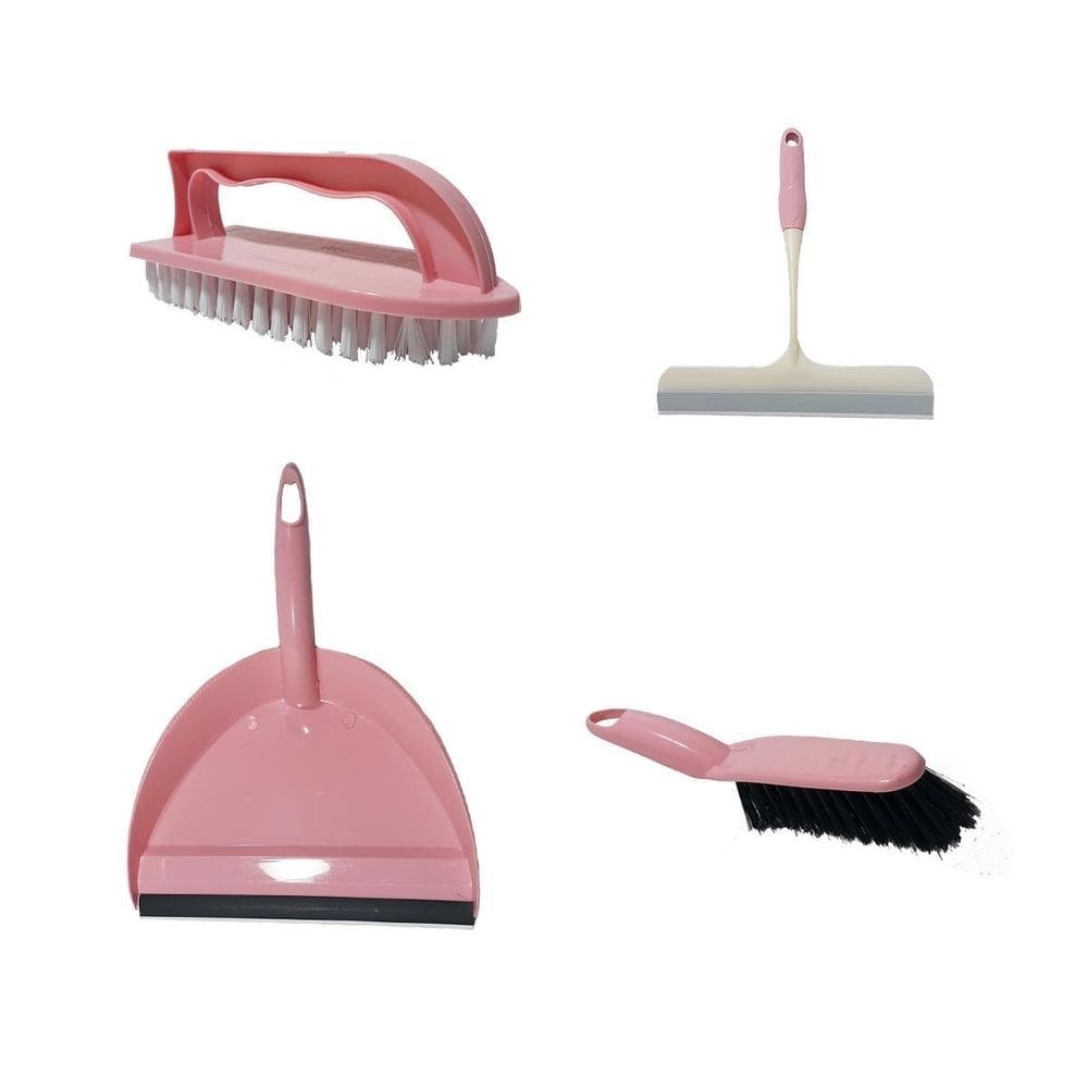 Kit limpeza 4pçs pá escova rodo vassoura portátil coloridos