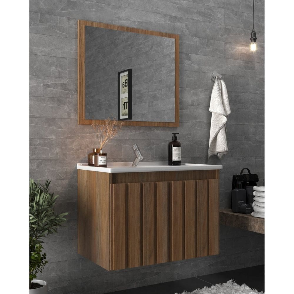 Conjunto Balcão para Banheiro com Espelheira Barra 60 Noce