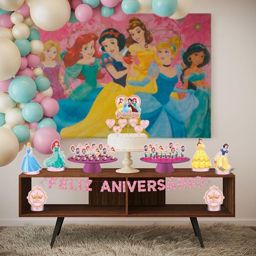 Kit festa princesas disney 39 itens painel + faixa + enfeite