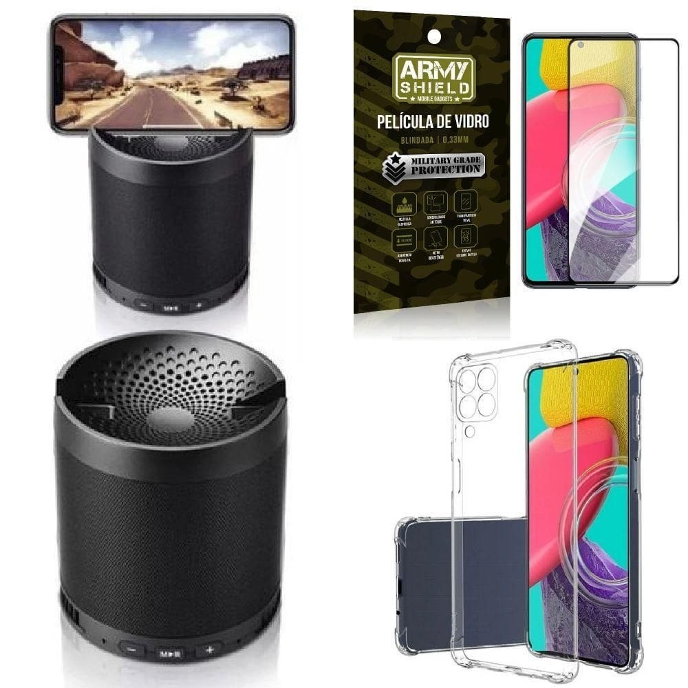 Capa galaxy m53 5g + caixa de som bluetooth q3 + película 3d