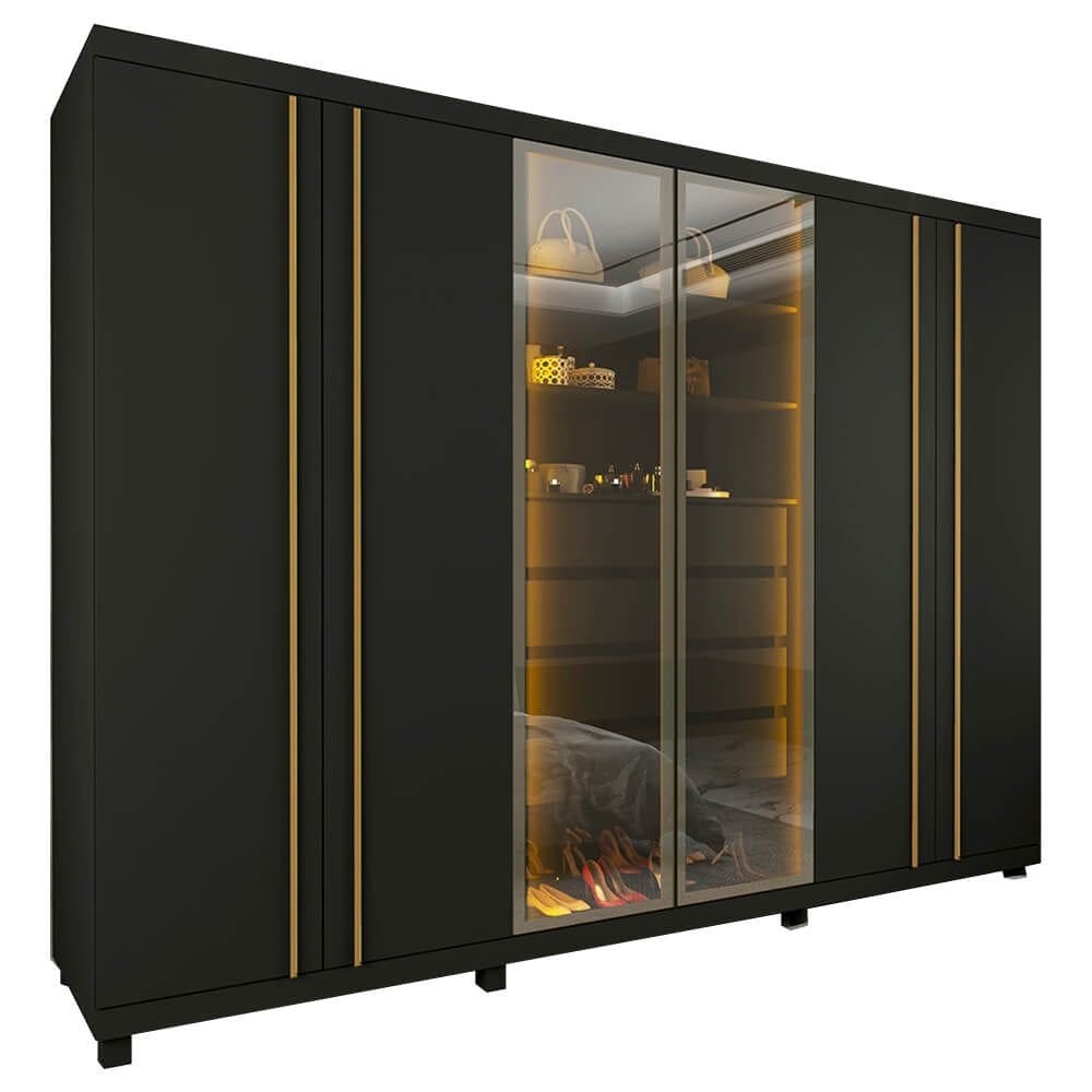 Guarda Roupa Absolute New Casal 6 Portas 4 Gavetas com Vidro Reflecta e LED Gelius Cor Grafite
