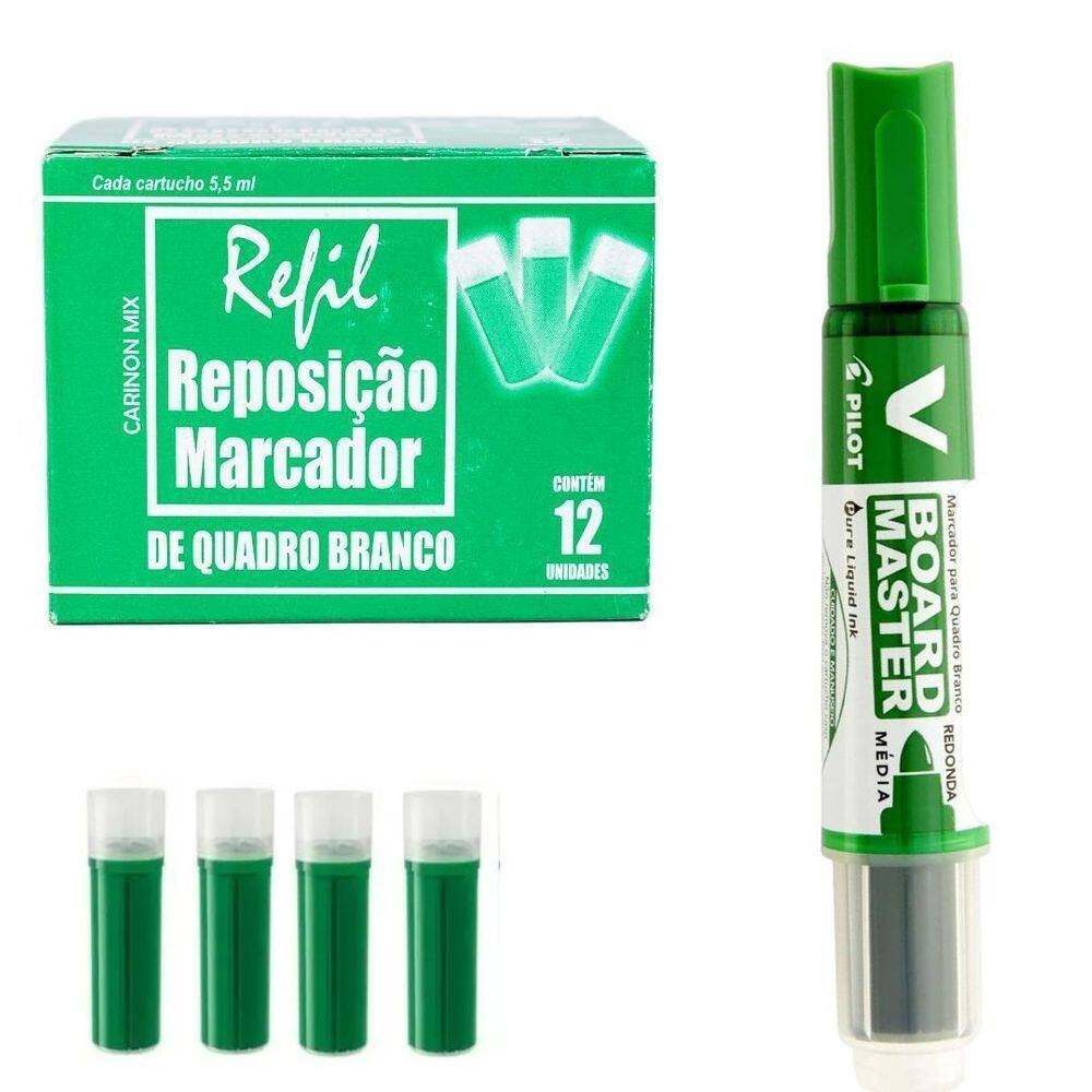 Pincel marcador de quadro branco pilot verde + 12 recargas