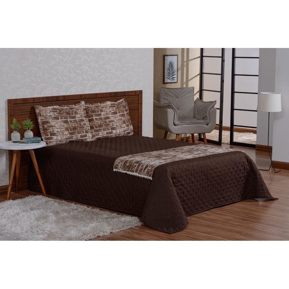 Colcha cama casal queen com xale estampado marrom 4 peças