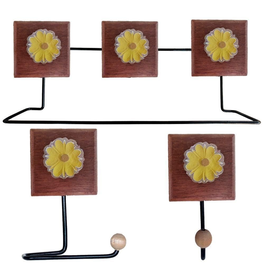 Kit Banheiro 3 Peças Toalheiro Cabideiro Porta Papel Papel Com Flores Coloridas Cor Amarelo