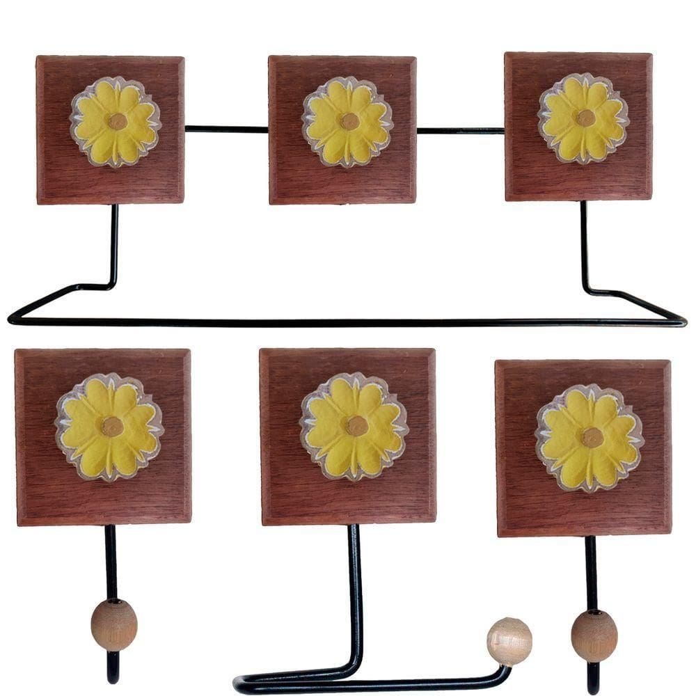 Kit Banheiro Com 2 Toalheiros + Porta Papel Higiênico + Toalheiro Rustico Artesanal Flores Coloridas 3d Cor Amarelo