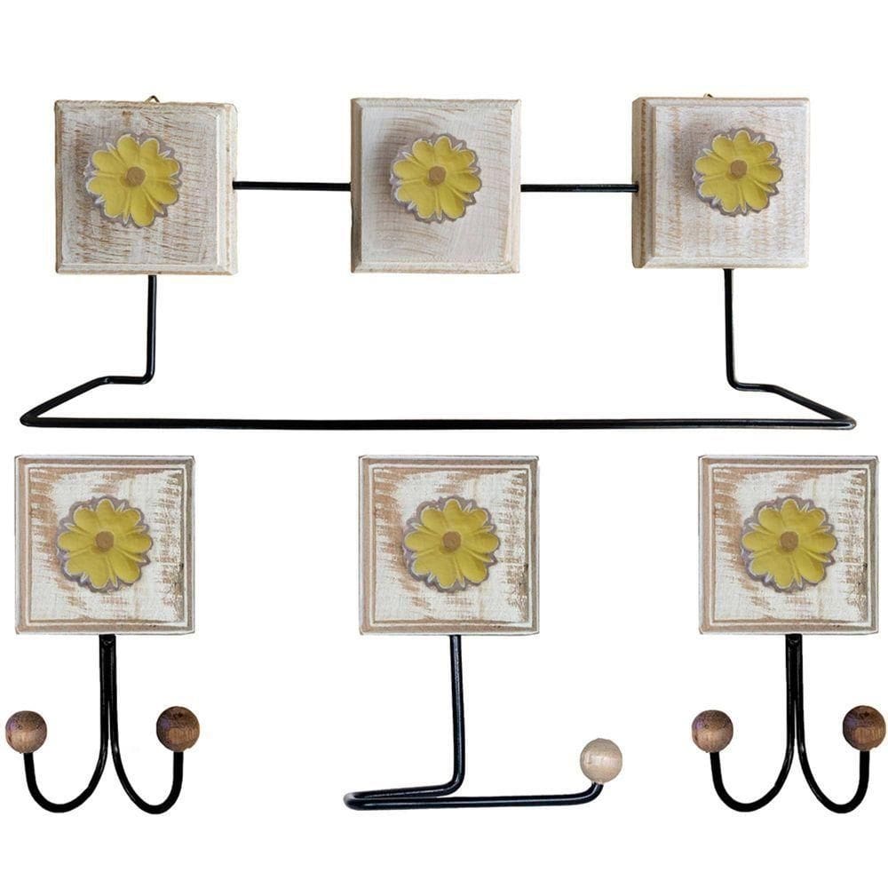 Kit Banheiro Com 2 Toalheiros Duplos + Porta Papel Higiênico + Toalheiro Rustico Artesanal Cor Amarelo
