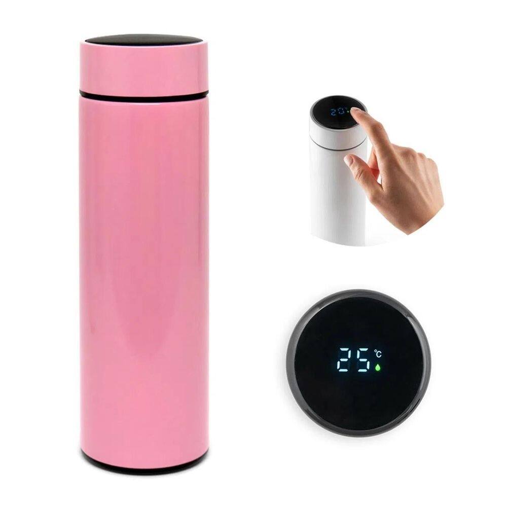 Garrafa térmica squeeze medidor temperatura 500ml inox rosa