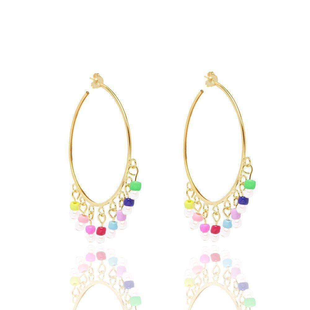 Brinco De Argola Com Miçangas Coloridas Folheado A Ouro