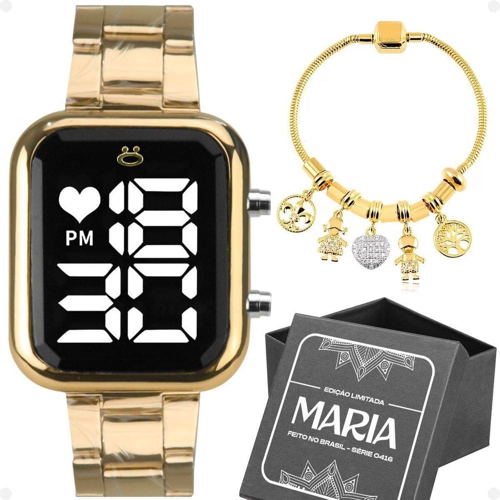 Relogio Feminino Digital Dourado + Pulseira + Caixa