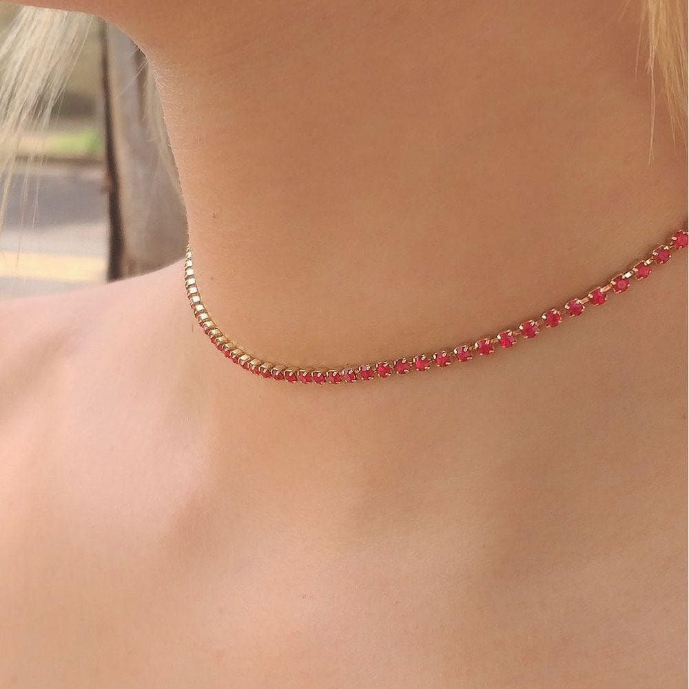 Choker De Strass Vermelho Folheado A Ouro18K
