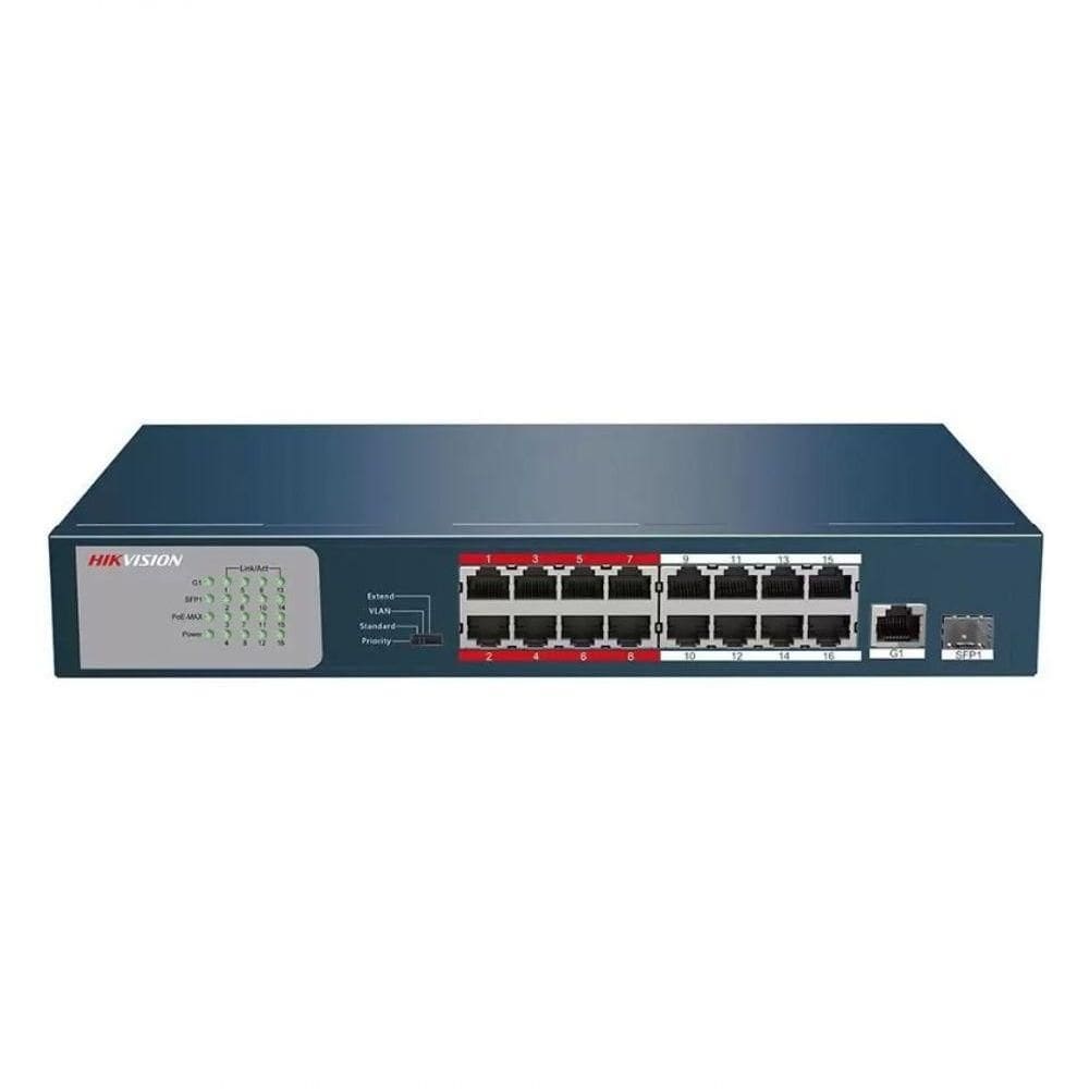 Switch Hikvision Ds-3e0318p-e/m(b) 16 Portas Poe 10/100 + 01 Uplink Giga + 01 Sfp Giga