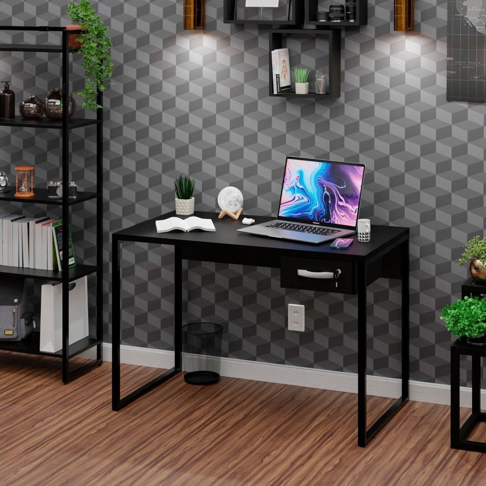 Mesa De Escritório Escrivaninha Industrial 1 Gaveta 100cm Preto