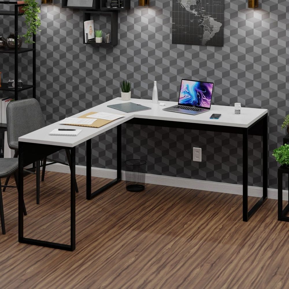 Mesa de Canto em L Escrivaninha Industrial 135x150cm Branco