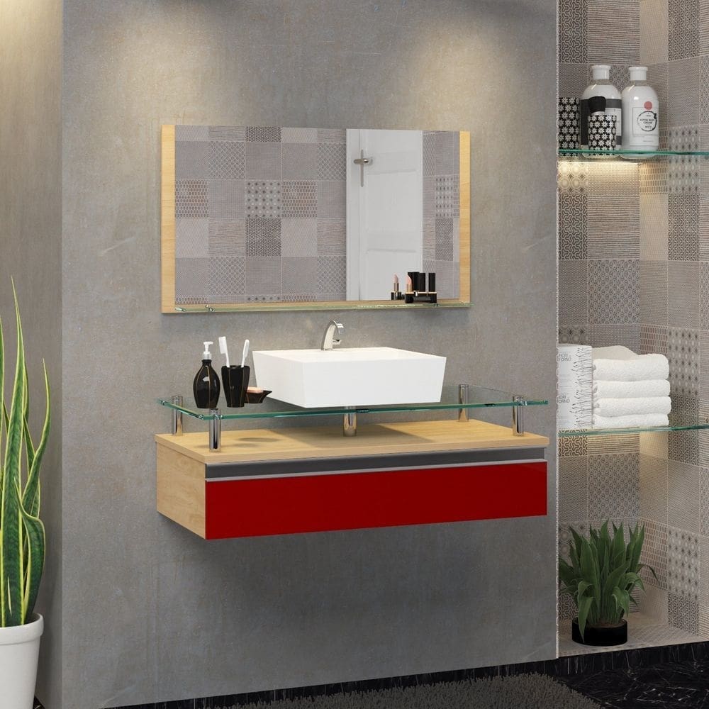 Conjunto Gabinete Banheiro 60cm Ametista Freijo/Vinho