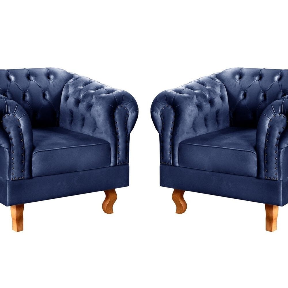 Conjunto 2 Poltronas Chesterfield Dom Pedro Decoração Sala Recepção Retrô Azul Marinho