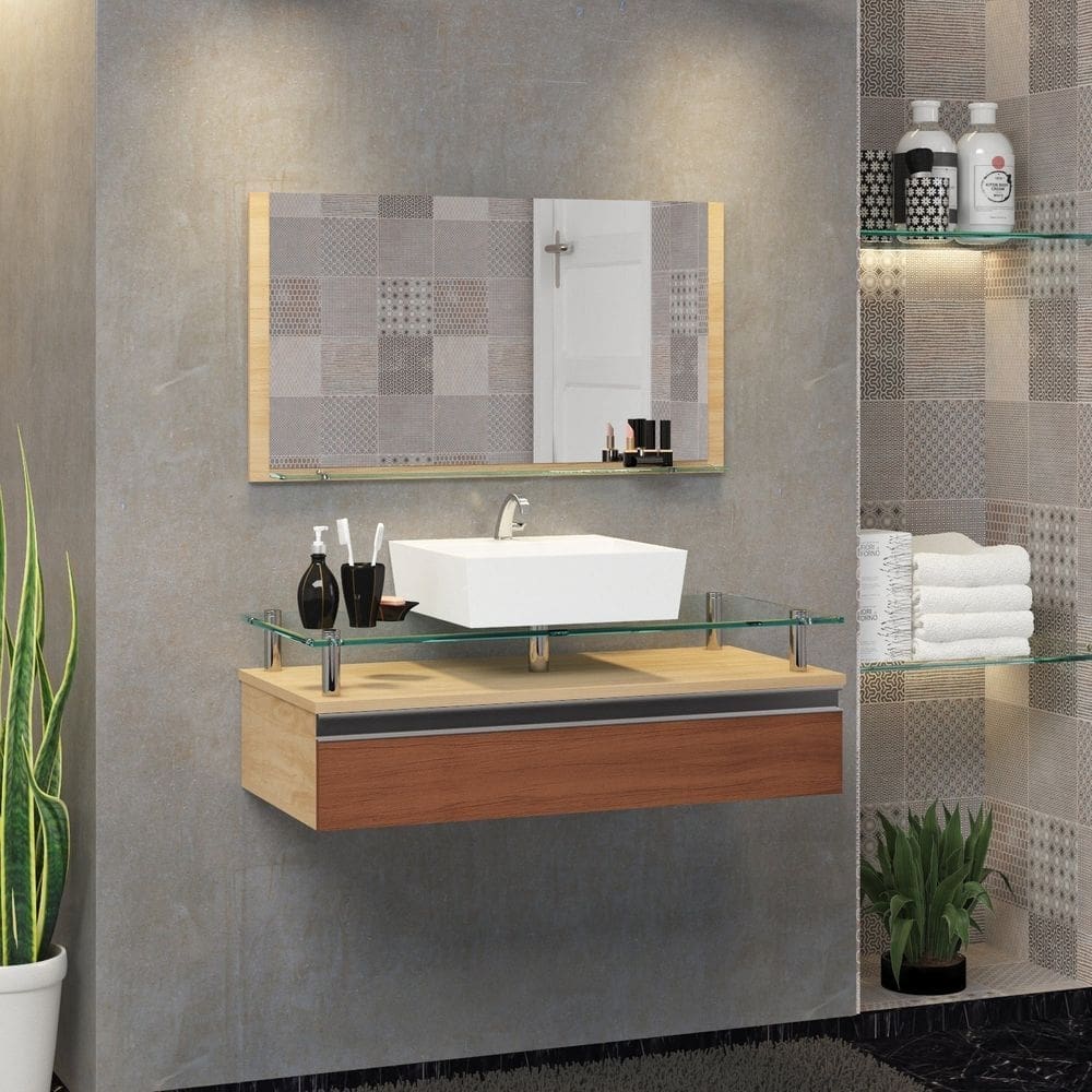 Conjunto Gabinete Banheiro 60cm Ametista Freijo/Marrom