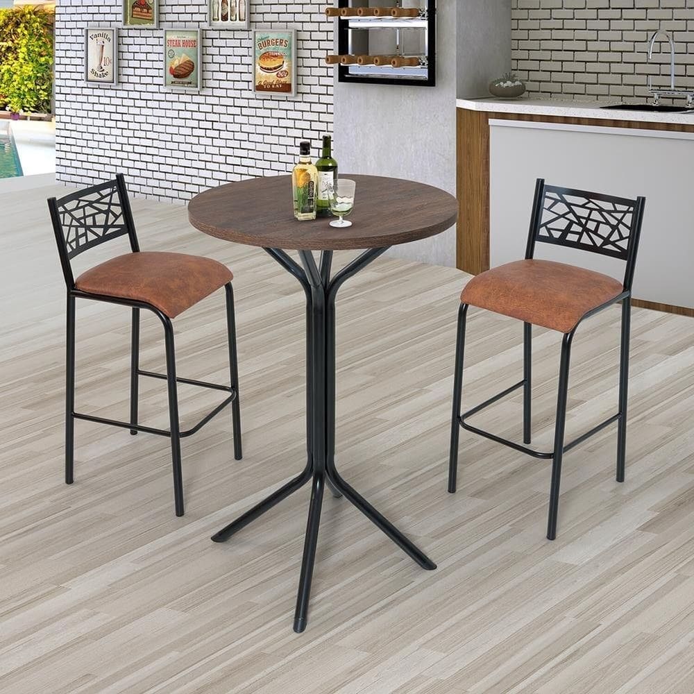 Conjunto Bistrô Dani 2 Banquetas e Mesa Tampo Bp Redondo Preto fosco / Caramelo