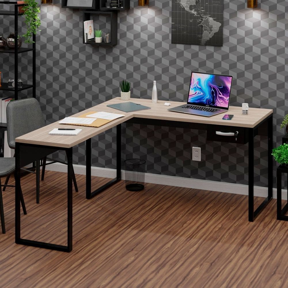 Mesa de Canto em L Escrivaninha com 1 Gaveta Industrial 150x150cm Carvalho