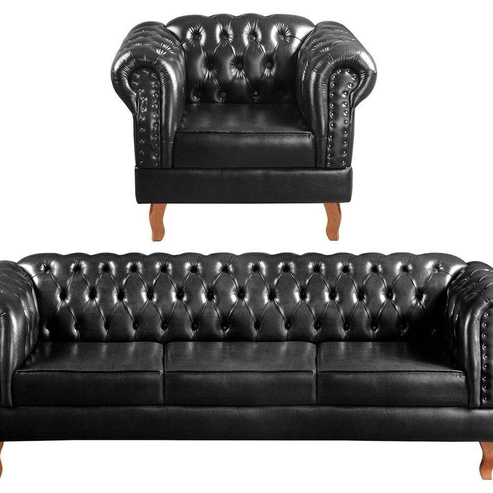 Conjunto Sofá Chesterfield 3 Lugares + 1 Poltrona Dom Pedro Preto