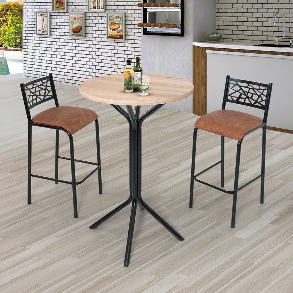 Conjunto Bistrô Dani 2 Banquetas e Mesa Tampo Bp Redondo Preto fosco / Caramelo