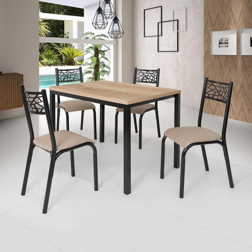 Conjunto Jade Flex 1,10m Tampo Laminado com 4 Cadeiras Preto Fosco/Bege/Carvalho