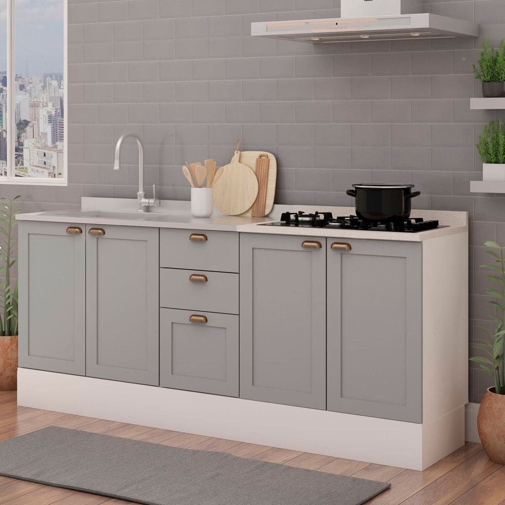 Cozinha Compacta 2 Peças com Tampo Impermeável para Cooktop 100% Mdf com Rodapé Branco/Cinza