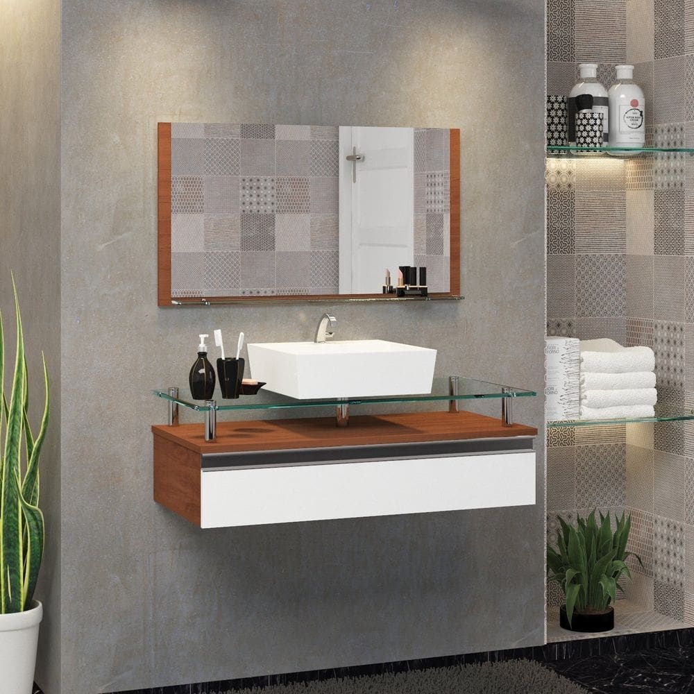 Conjunto Gabinete Banheiro 60cm Ametista Marrom Branco
