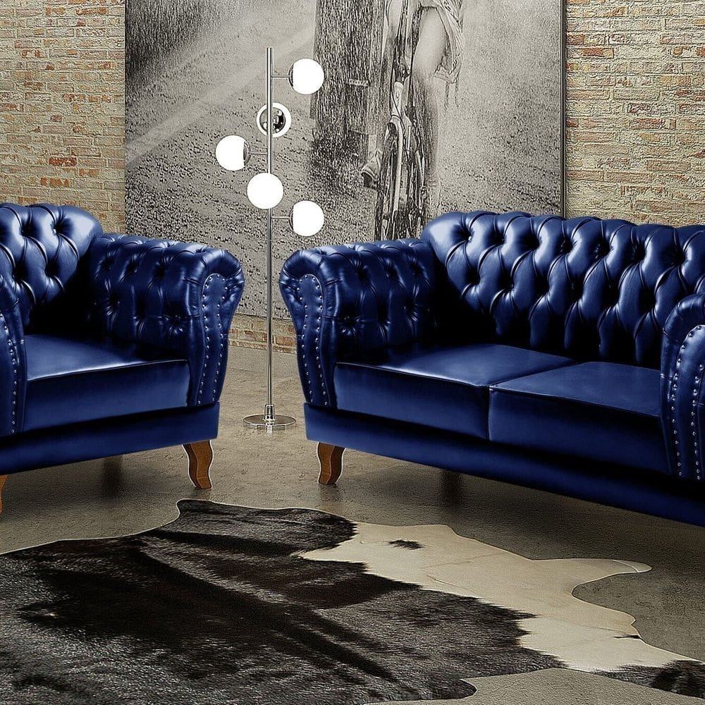 Sofá Dom Pedro 2 e 1 Lugares Decoração Sala Recepção Retrô Azul