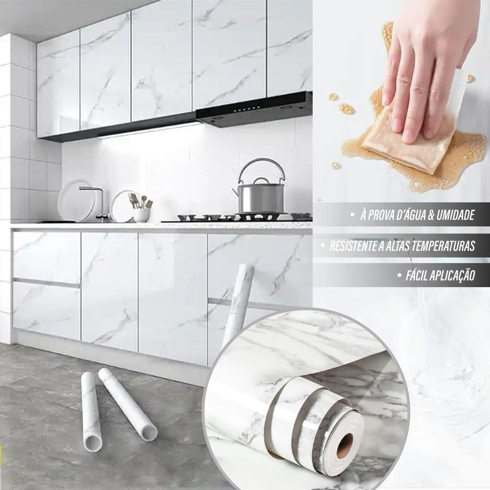 3 Papel De Parede Adesivo P/ Cozinha Marmore Brilhante 5m