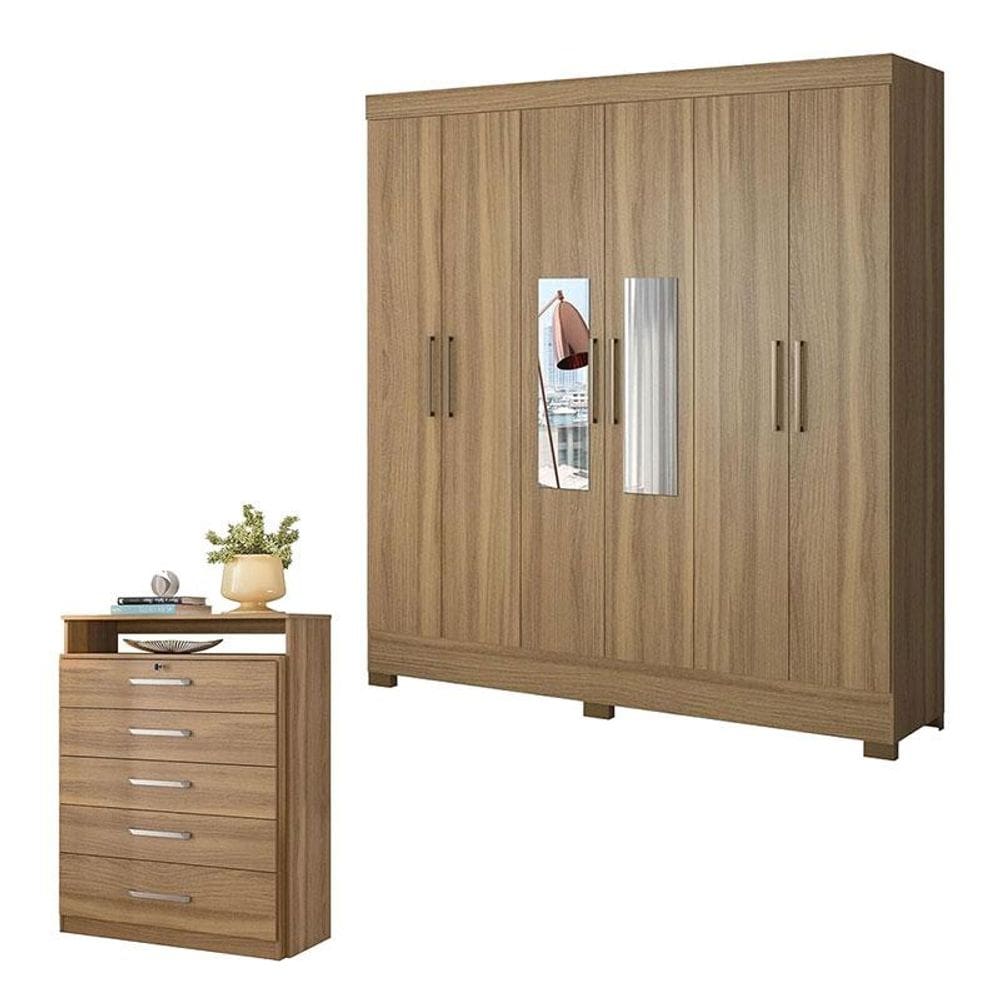Cômoda Triunfo e Guarda Roupa Casal Prático Amêndola Touch com Espelho - Demóbile