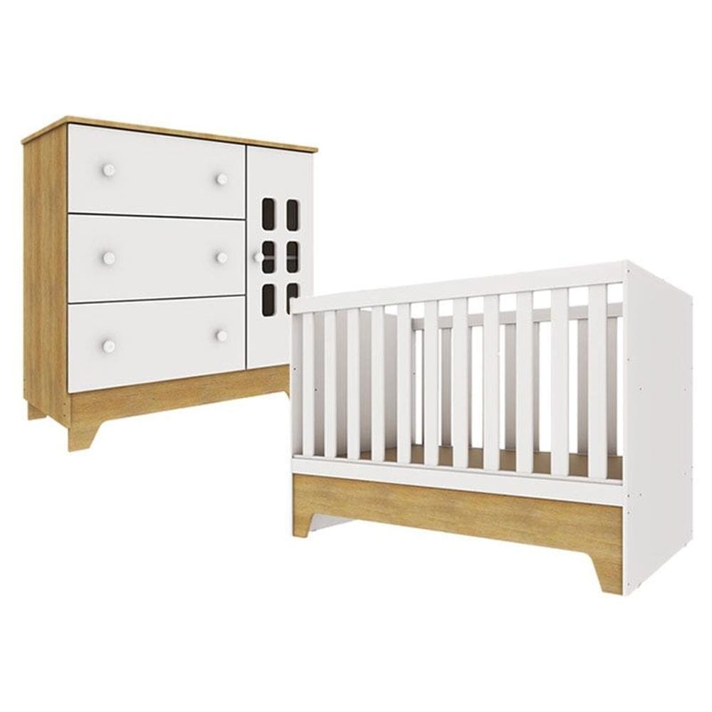 Berço Americano Mini Cama com Cômoda Infantil Malu Branco Acetinado Bétula - Carolina